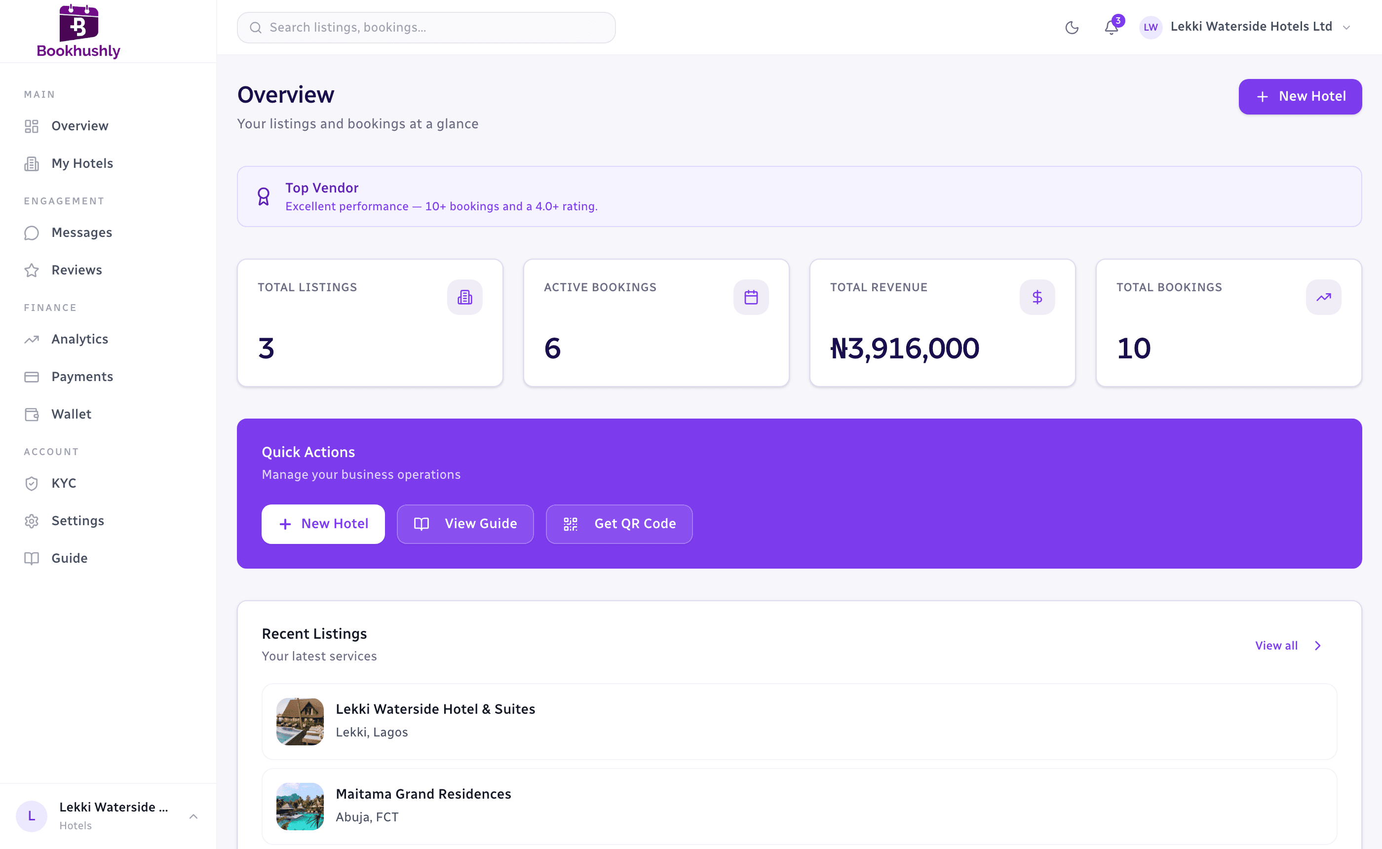 The Bookhushly vendor dashboard: listings, bookings and revenue at a glance