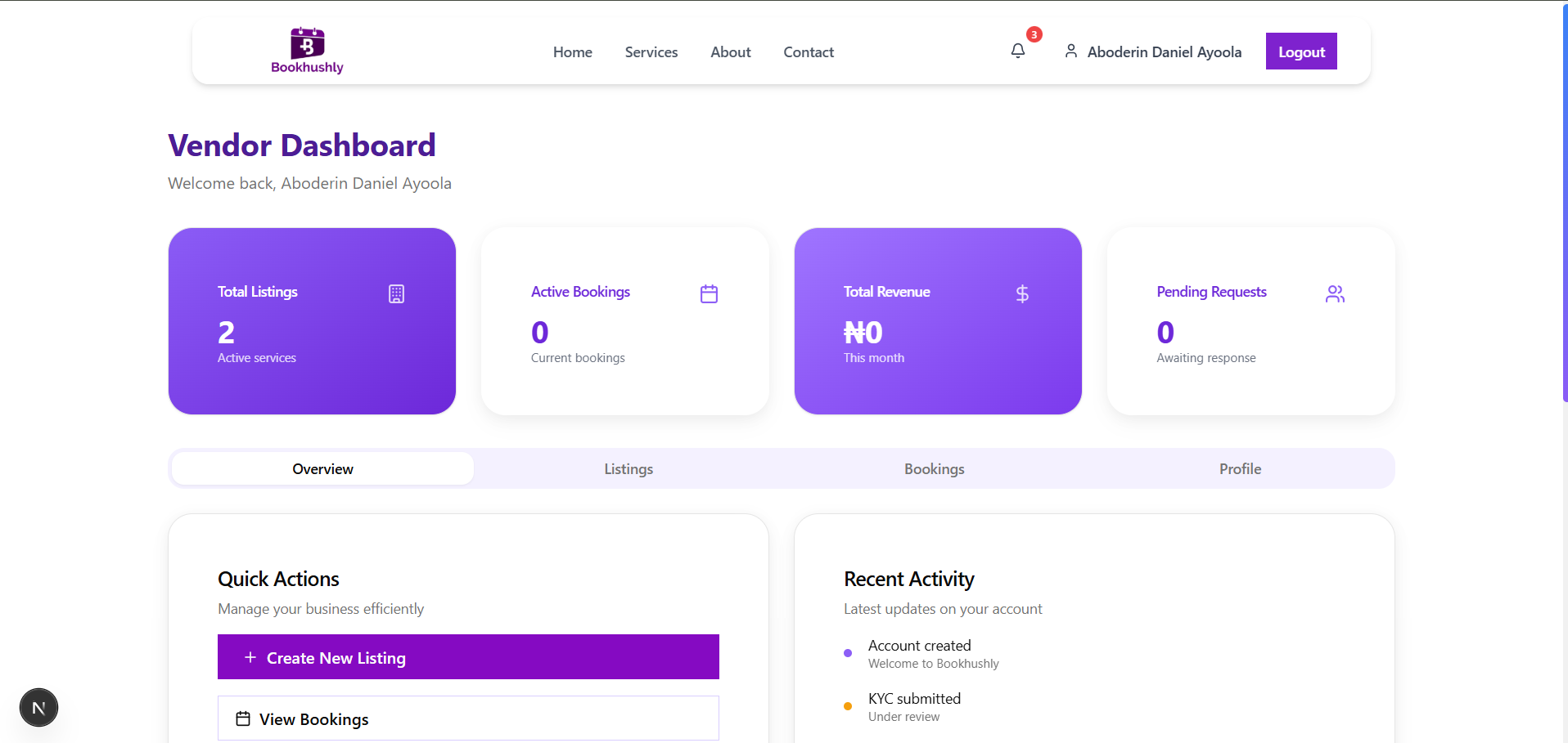 Vendor dashboard mockup
